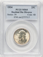 1934 Doubled Die Obverse Washington Quarter PCGS MS64