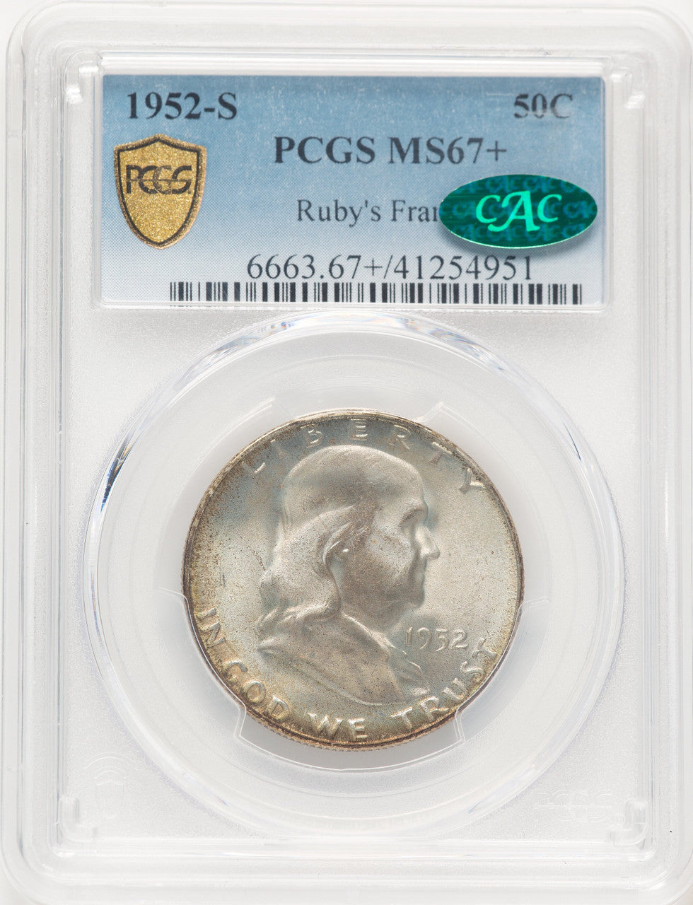 1952-S 50C CAC Franklin Half Dollar PCGS MS67+