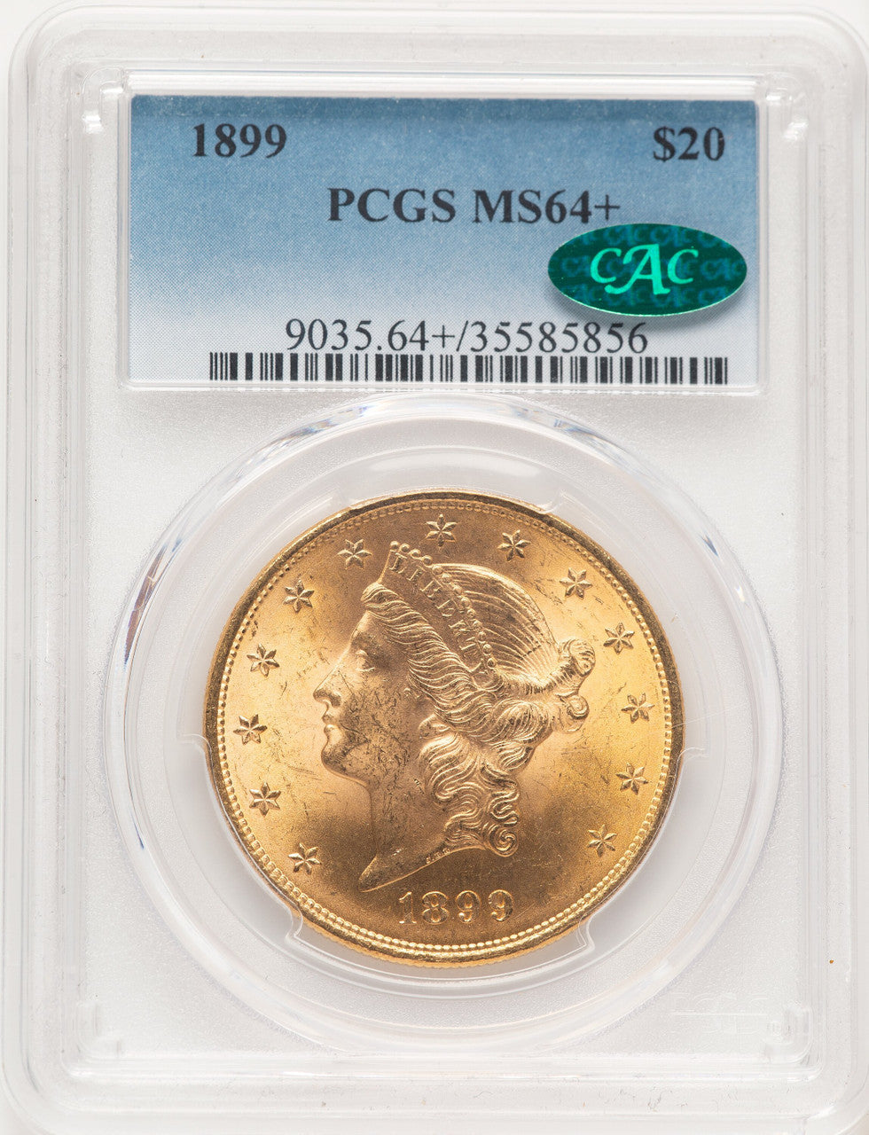 1899 $20 CAC Blue Gradient Liberty Double Eagle PCGS MS64+
