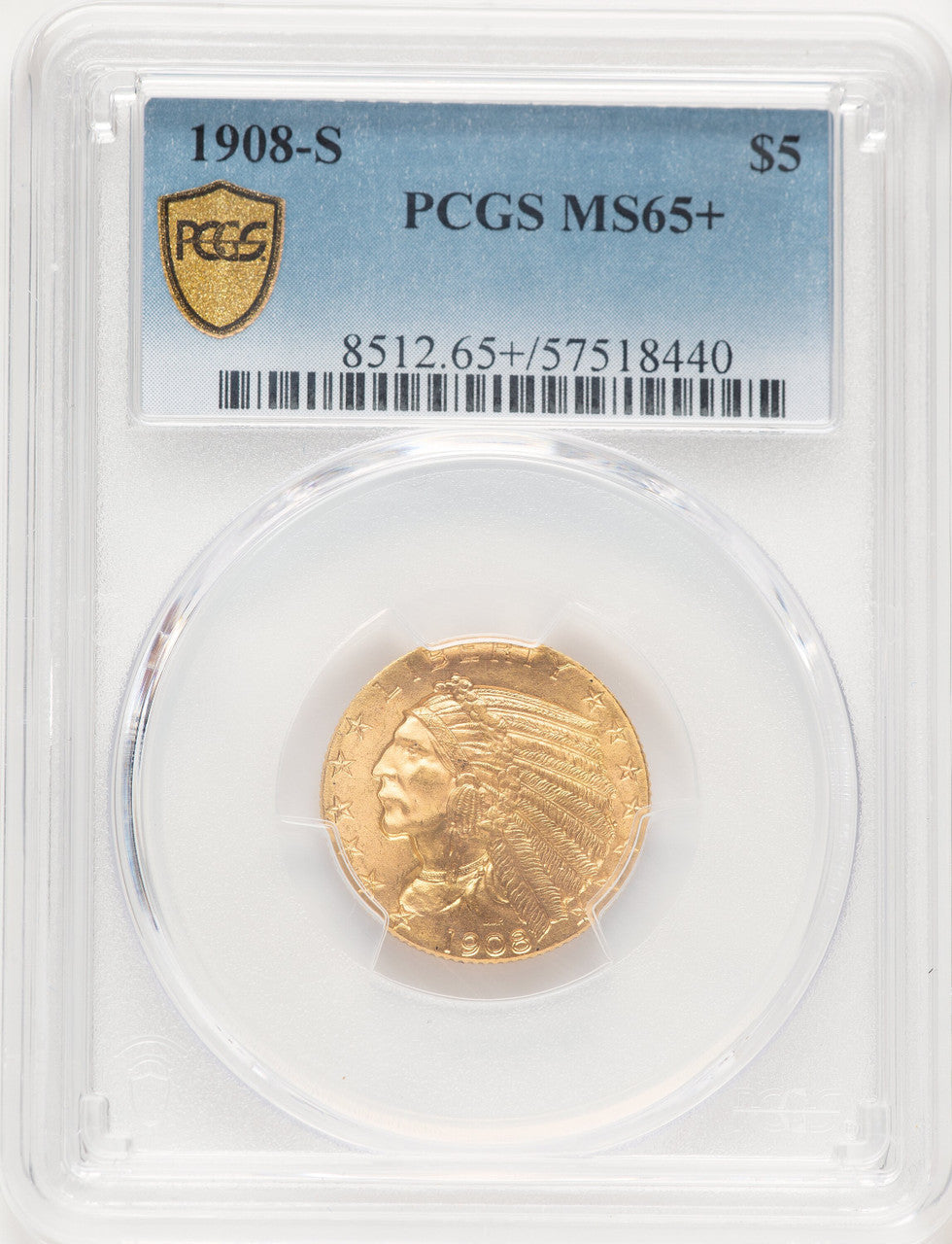 1908-S $5 Blue Gradient Indian Half Eagle PCGS MS65+