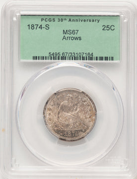 1874-S 25C ARROWS Seated Quarter PCGS MS67