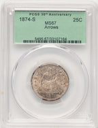 1874-S 25C ARROWS Seated Quarter PCGS MS67