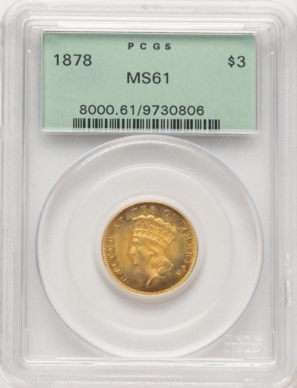 1878 $3 Three Dollar Gold Pieces PCGS MS61 (782565002)