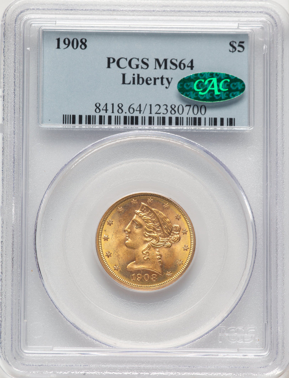 1908 $5 Liberty CAC Liberty Half Eagle PCGS MS64