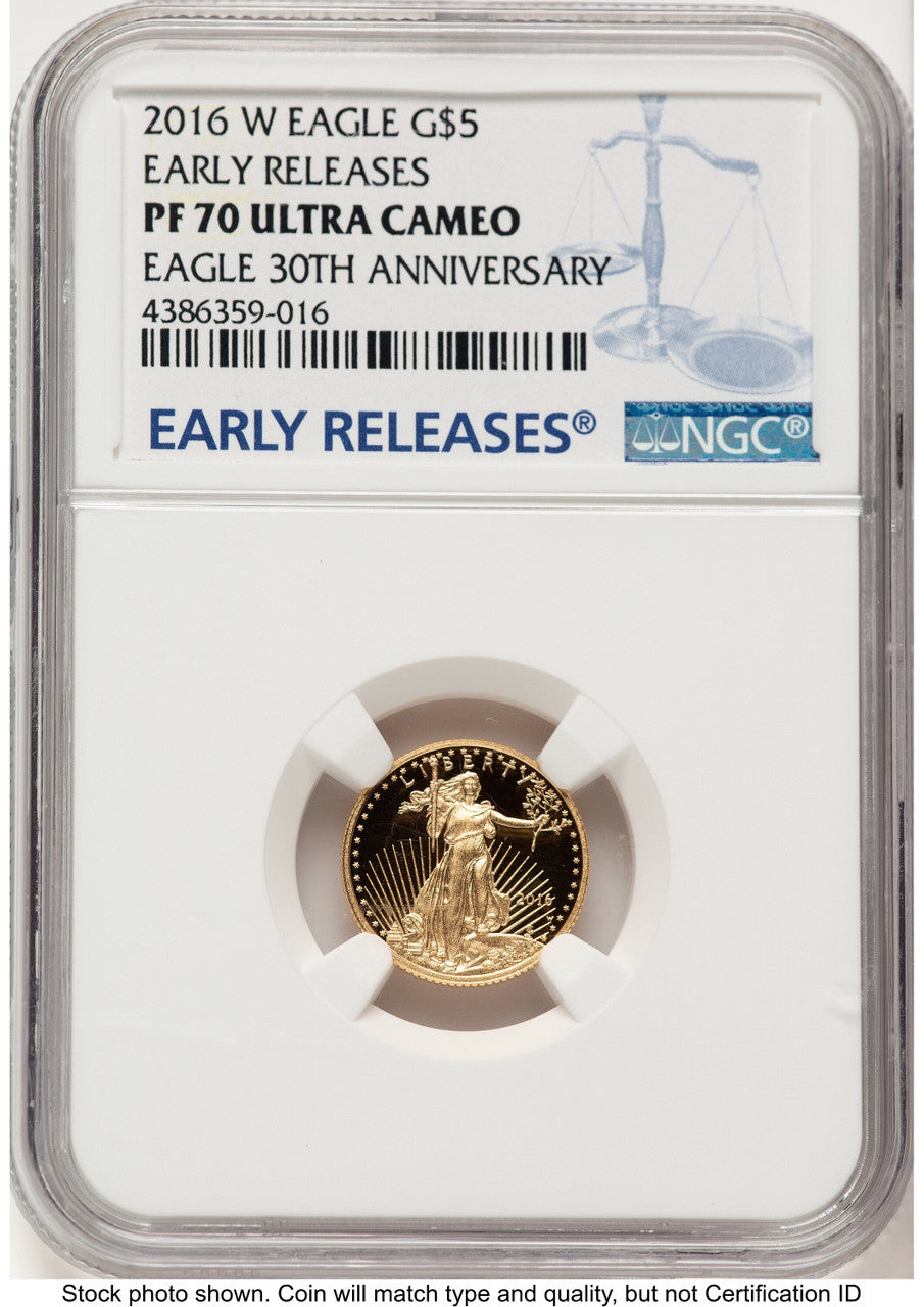 2016-W Proof Gold Eagle 1/10 oz ER Blue NGC PF70
