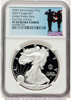 2025-S Proof Silver Eagle Privy U.S. Navy 250th Anniversary 1 oz FDI Military Honor Blue NGC PF70