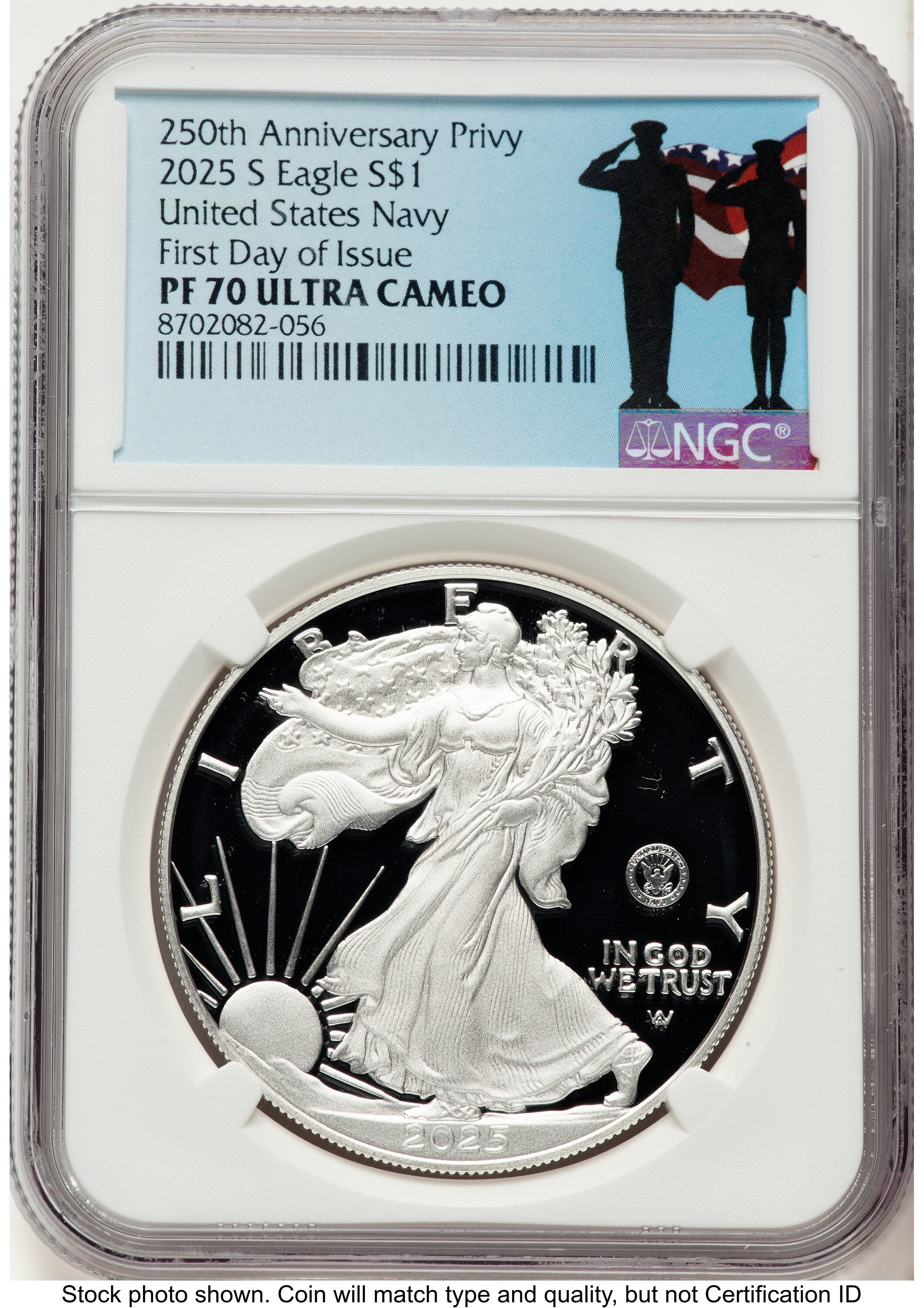 2025-S Proof Silver Eagle Privy U.S. Navy 250th Anniversary 1 oz FDI Military Honor Blue NGC PF70