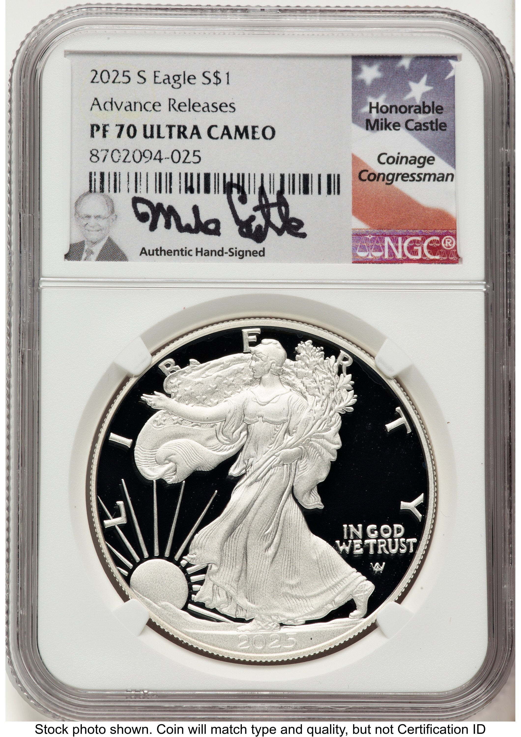 2025-S Proof Silver Eagle 1 oz AR Mike Castle NGC PF70 | LCR Coin