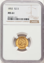 1852 $2.50 Liberty Quarter Eagle NGC MS61