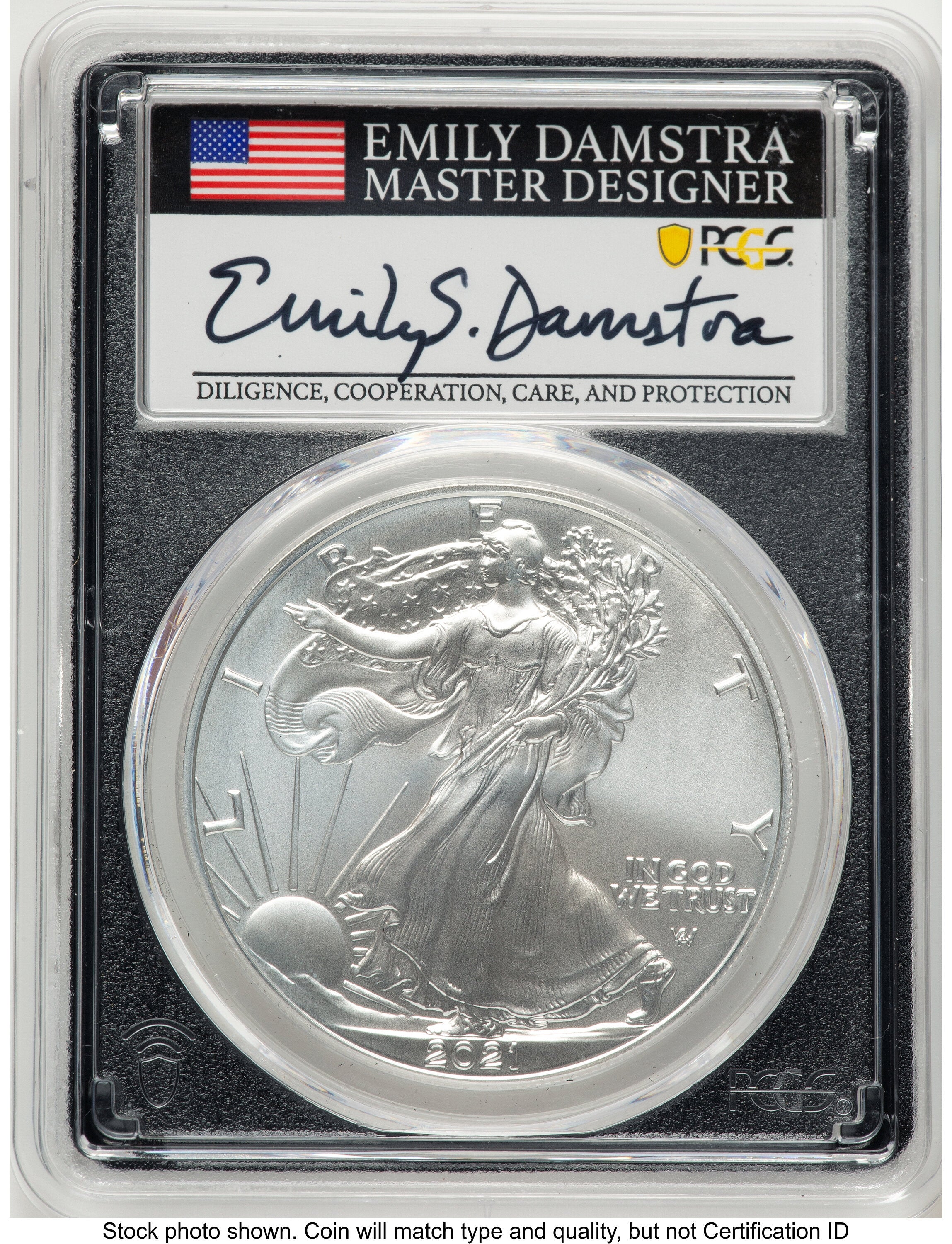 2021 Silver Eagle Type 2 FDI Emily Damstra Blk Frame PCGS MS70