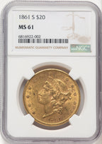 1861-S $20 Liberty Double Eagle NGC MS61
