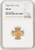 1854 G$1 Type Two Gold Dollar NGC MS64