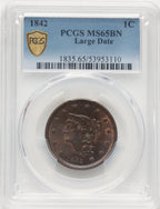 1842 1C BN Large Cent PCGS MS65