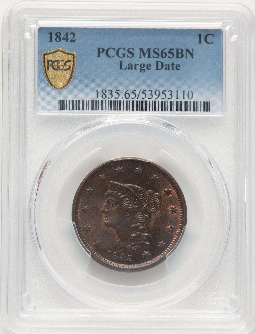 1842 1C BN Large Cent PCGS MS65