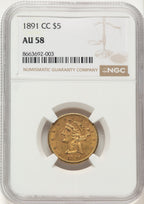 1891-CC $5 Liberty Half Eagle NGC AU58