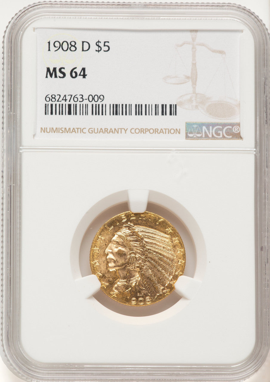 1908-D $5 Indian Half Eagle NGC MS64 (782990006)