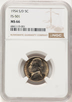 1954-S/D 5C Jefferson Nickel NGC MS66