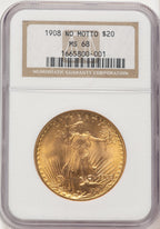 1908 $20 NO MOTTO Saint-Gaudens Double Eagle NGC MS68