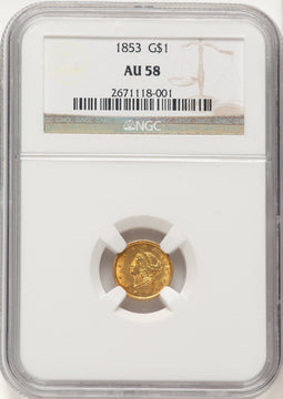 1853 G$1 Gold Dollar NGC AU58