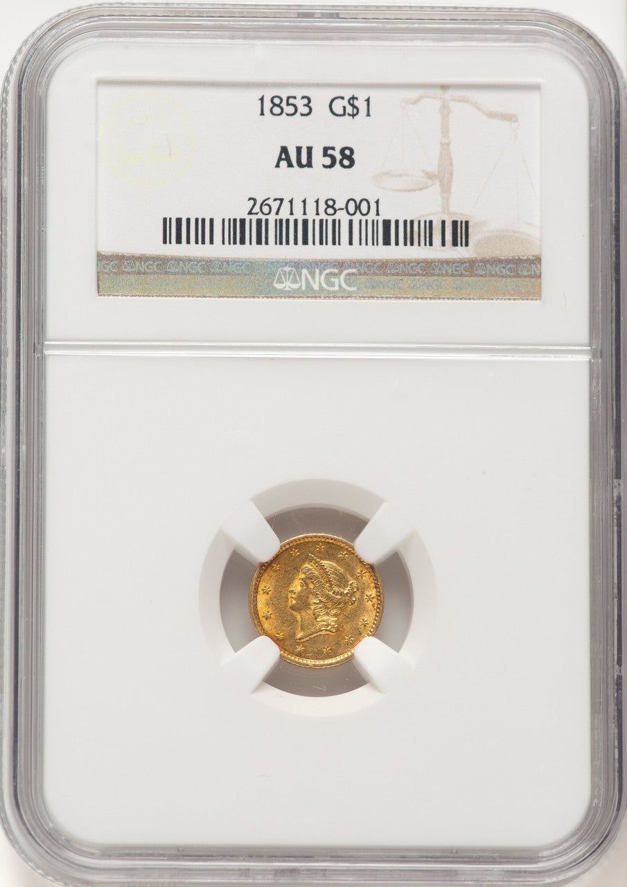 1853 G$1 Gold Dollar NGC AU58