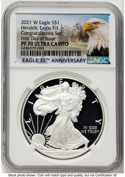 2021-W TY1 Proof Silver Eagle Congratulations Set 1 oz FDI Eagle Mountain Label NGC PF70