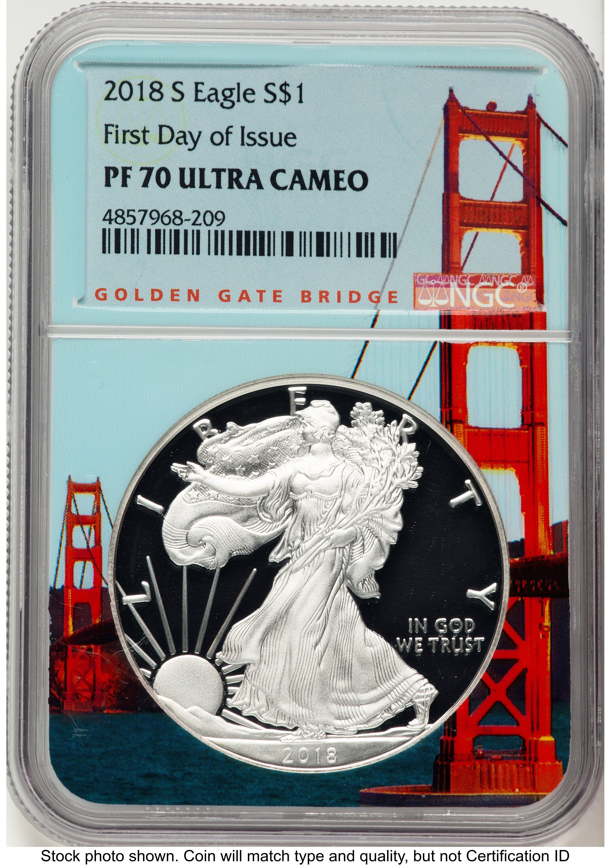 2018-S Proof Silver Eagle 1 oz FDI San Francisco Golden Gate Bridge Core/Label NGC PF70