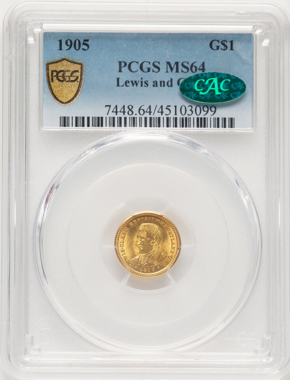 1905 G$1 Lewis and Clark CAC Commemorative Gold PCGS MS64