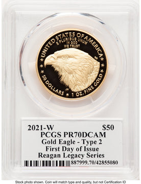 2021-W Type 2 Proof Gold Eagle 1 oz FDI Reagan Legacy Series Michael Reagan PCGS PR70