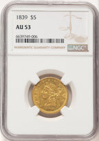 1839 $5 Brown Label Liberty Half Eagle NGC AU53