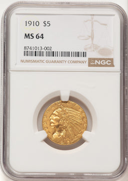 1910 $5 Brown Label Indian Half Eagle NGC MS64
