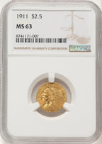 1911 $2.50 Brown Label Indian Quarter Eagle NGC MS63