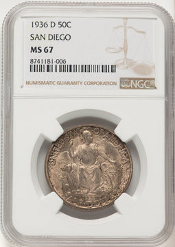1936-D 50C San Diego Brown Label Commemorative Silver NGC MS67