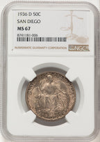 1936-D 50C San Diego Brown Label Commemorative Silver NGC MS67