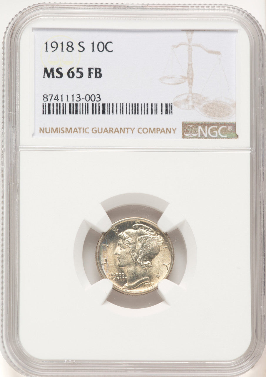 1918-S 10C FB Brown Label Mercury Dime NGC MS65