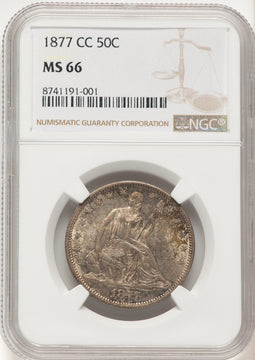 1877-CC 50C Brown Label Seated Half Dollar NGC MS66