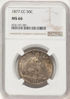 1877-CC 50C Brown Label Seated Half Dollar NGC MS66