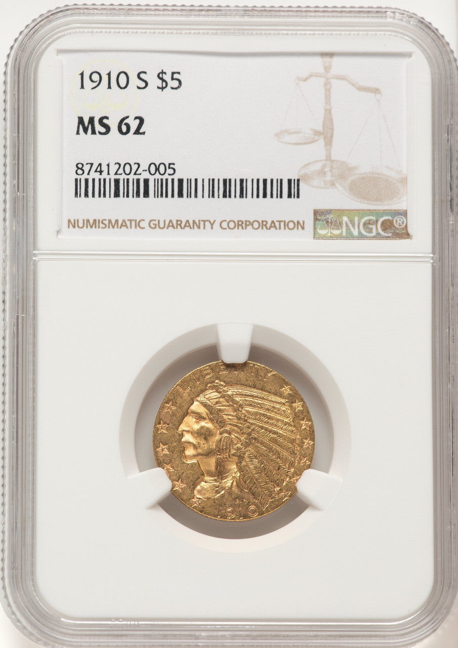 1910-S $5 Brown Label Indian Half Eagle NGC MS62