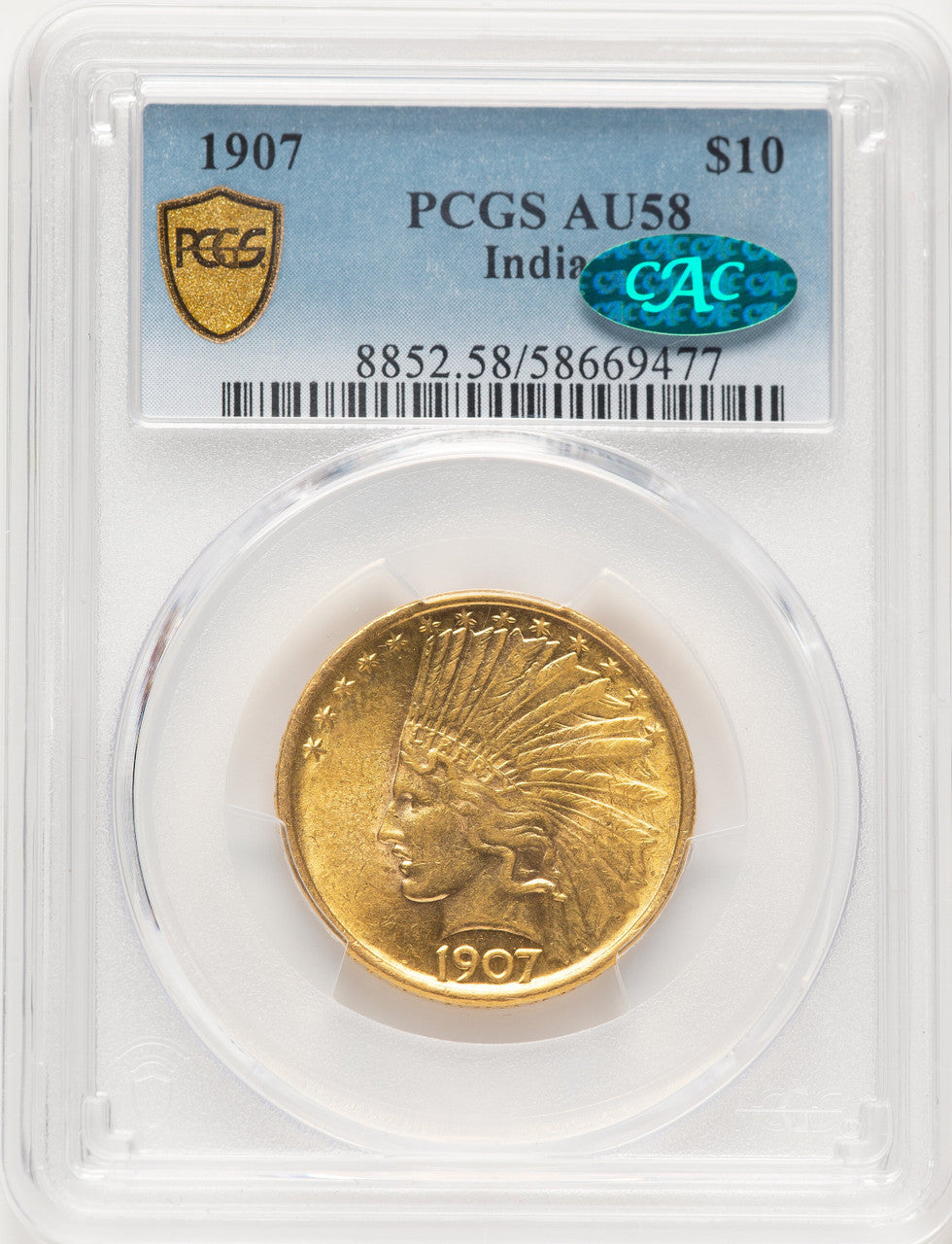1907 $10 No Motto CAC Indian Eagle PCGS AU58