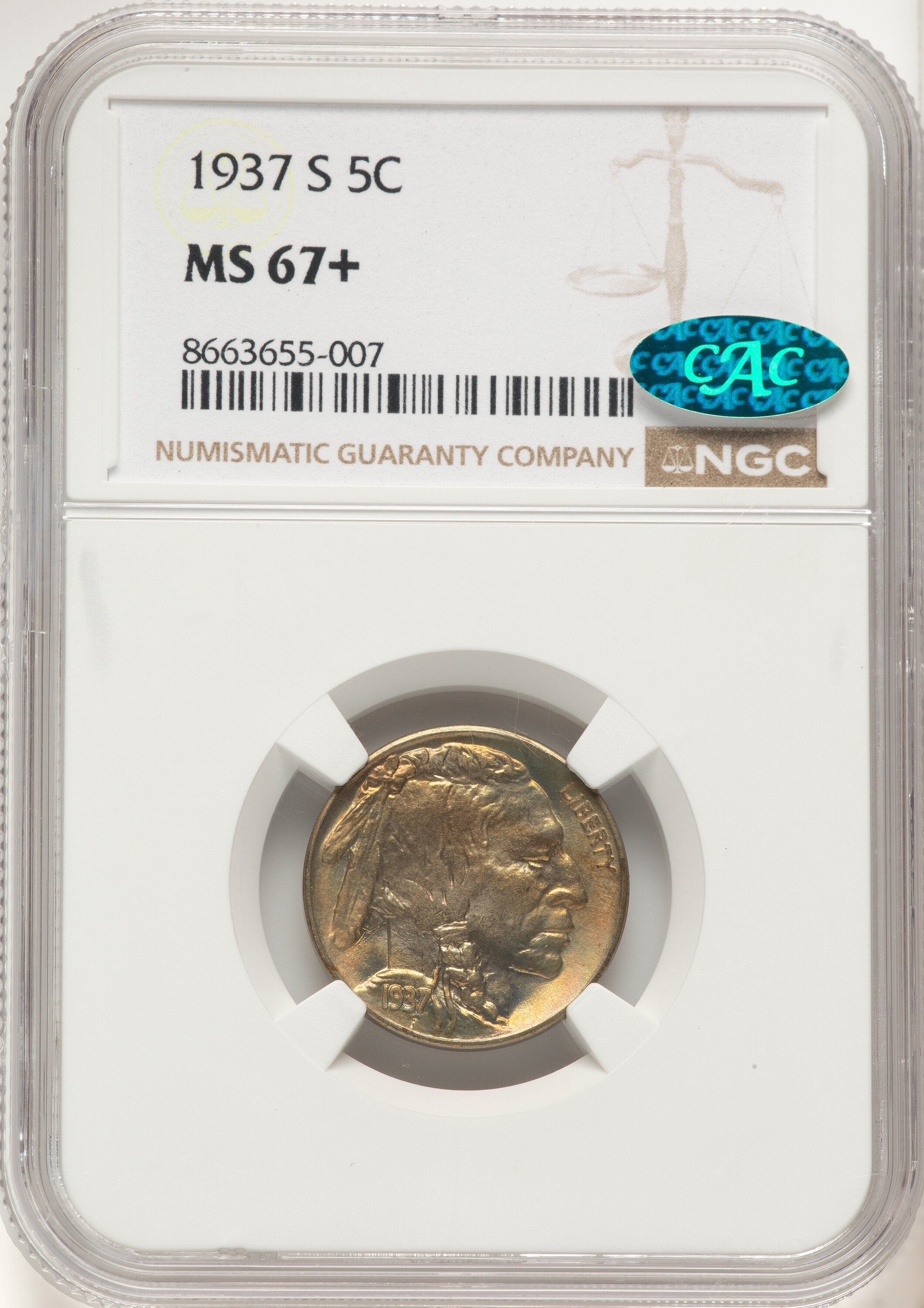 1937-S 5C CAC Buffalo Nickel NGC MS67+