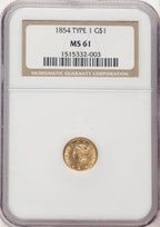 1854 G$1 T-1 Gold Dollar NGC MS61