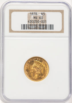 1878 $3 Three Dollar Gold Pieces NGC MS63 (783791002)