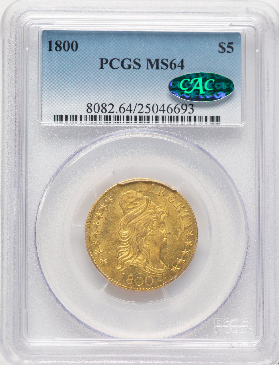 1800 $5 CAC Early Half Eagle PCGS MS64