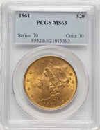 1861 $20 Liberty Double Eagle PCGS MS63