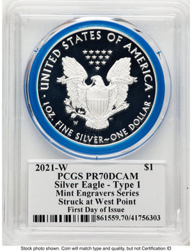 2021-W TY1 Proof Silver Eagle 1 oz FDI Mint Engraver Series John Blue Gasket PCGS PR70 Mercanti