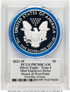 2021-W TY1 Proof Silver Eagle 1 oz FDI Mint Engraver Series John Blue Gasket PCGS PR70 Mercanti