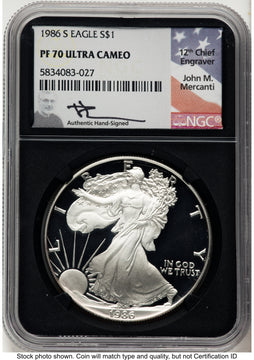 1986-S Proof Silver Eagle 1 oz John NGC PF70 Mercanti