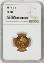 1871 $3 Proof Three Dollar Gold Pieces NGC AU58