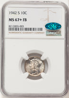 1942-S 10C FB CAC Mercury Dime NGC MS67+