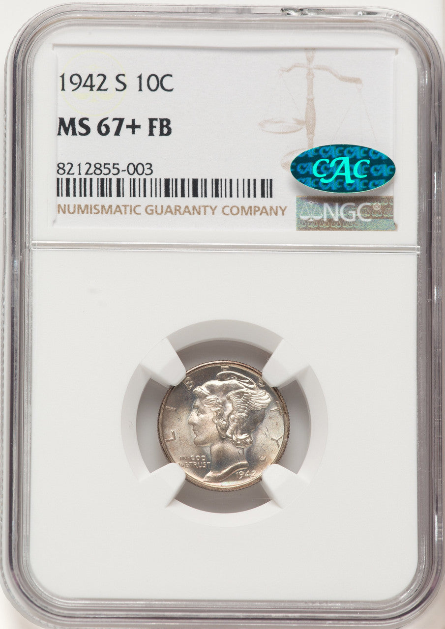 1942-S 10C FB CAC Mercury Dime NGC MS67+