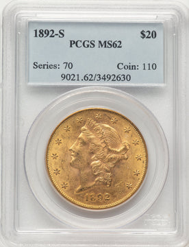 1892-S $20 Liberty Double Eagle PCGS MS62
